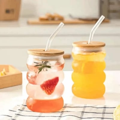 Picture of 480ml Creative Ripple Glass Cup with Bamboo Lid & Straw Heat Resistant Vintage Style Transparent Coffee & Juice Mug - Clear