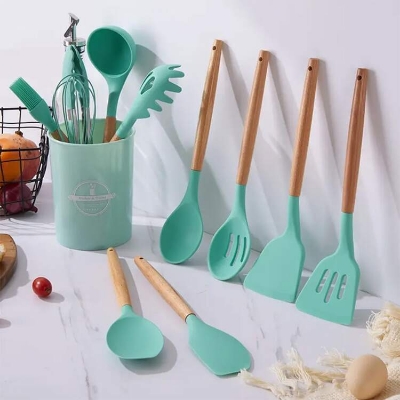 Picture of 12 Pcs Silicone Cooking Utensils Kitchen Utensil Set - Heat Resistant Non-Toxic BPA Free Spatula Set With Turner Tong, Spoon, Brush, Whisk-Wooden Handles Kitchen Gadgets Tools Set For Nonstick Cockware - White