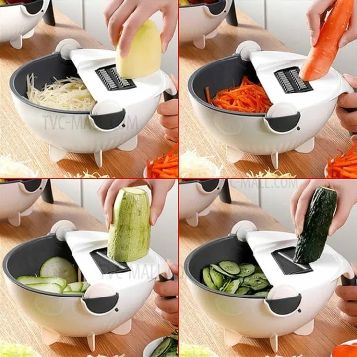 Picture of Multi functional vegetable basket 9 in 1 drain basket magic rotate vegetable cutter with handle / Multi functional vegetable cutter - Multicolor
