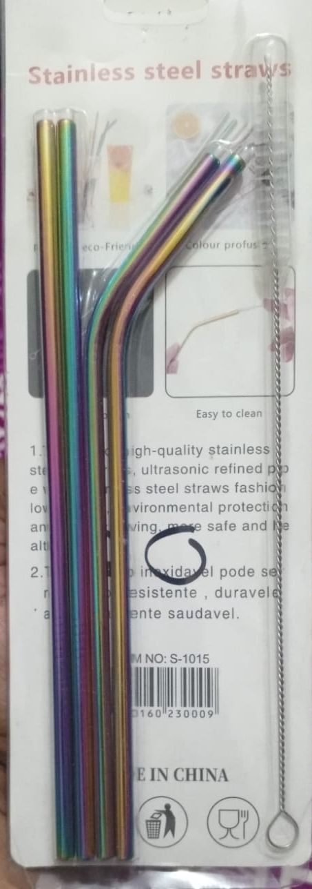 Picture of set of stainless-steel reusable drinking straws. - Multicolor