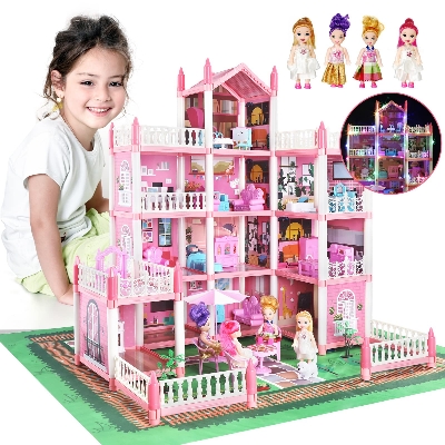Picture of DIY dream villa furniture set with 6 girls dollhouse - Pink