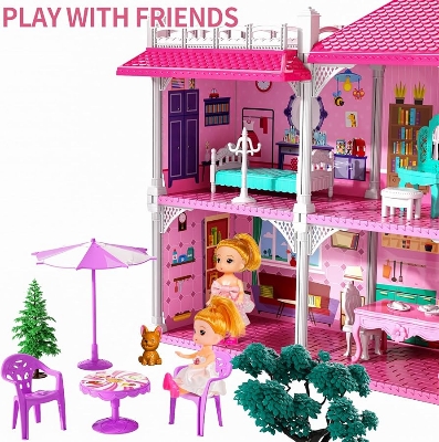 Picture of Villa furniture set with solid jointed girl Doll House, Dollhouse w/ Furniture - Pink - Pink