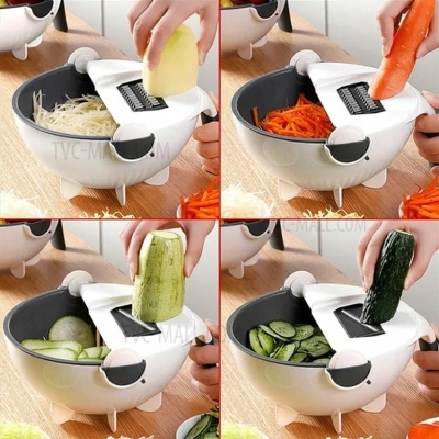 Picture of Multi functional vegetable basket 9 in 1 drain basket magic rotate vegetable cutter with handle - Multicolor