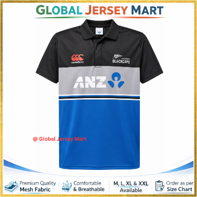 Picture of Canterbury New Zealand Blackcaps Cricket Jersey 2024/25 – ANZ Sponsor – Short Sleeve Polo Fan Jersey – Black/Grey/Blue NZ Team Shirt - Multicolor