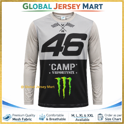 Picture of VR46 Camp “VRFORTYSIX” Racing Jersey 2024/25 – Number 46 Graphic – Monster Style Print – Full Sleeve Moto/Sports Fan Jersey – Grey & Black - Black