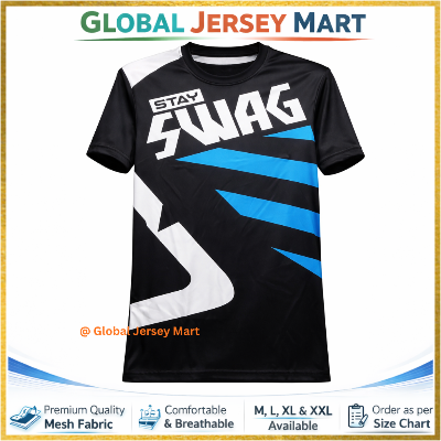 Picture of STAY SWAG Graphic Sports Jersey 2024/25 – Black/Blue/White – Short Sleeve Premium Mesh Football/Training T‑Shirt - Black