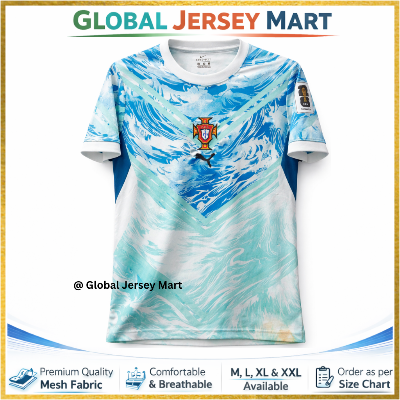 Picture of Portugal Away Jersey 2024/25 – Short Sleeve Football Jersey – White/Blue Wave Design Portugal National Team Fan Jersey - Multicolor