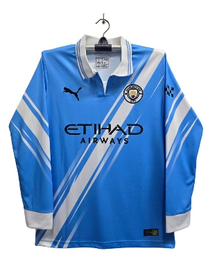 Picture of Manchester City Light Sky Blue Home Polo Full Sleeve Jersey 2024/25 – Etihad Airways – Premium Quality Football Jersey – England Football Club Jersey - Light blue