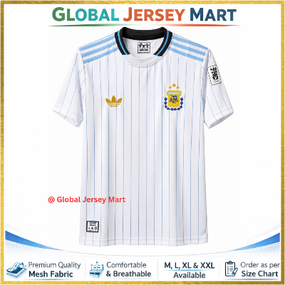 Picture of Argentina Away Jersey 2024/25 – AFA Crest (3 Stars) – Short Sleeve Football Jersey – White with Sky Blue Pinstripes – Argentina National Team Fan Shirt - White