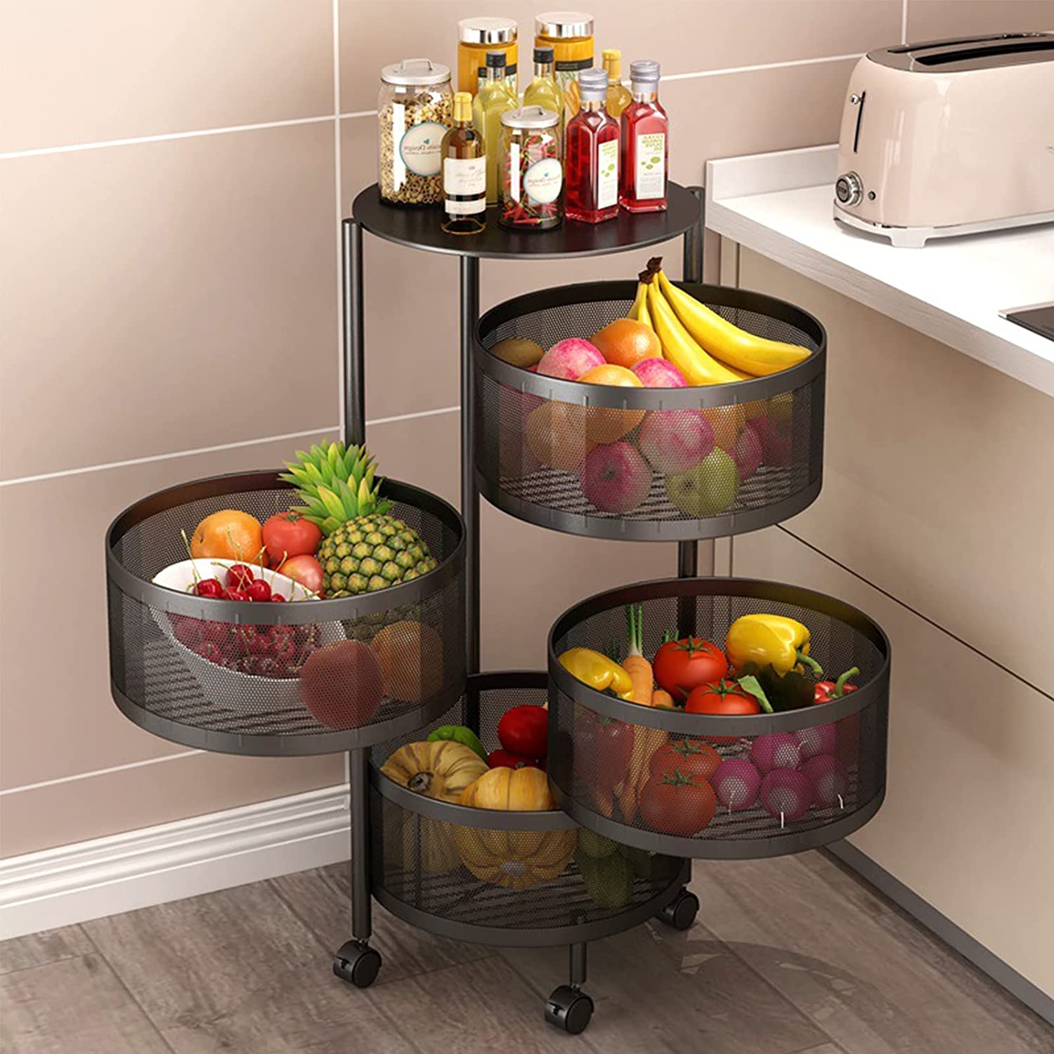 Picture of Round Floor 4-Layer Rotating Fruit And Vegetable Basket Storage Shelf Vegetable Rack