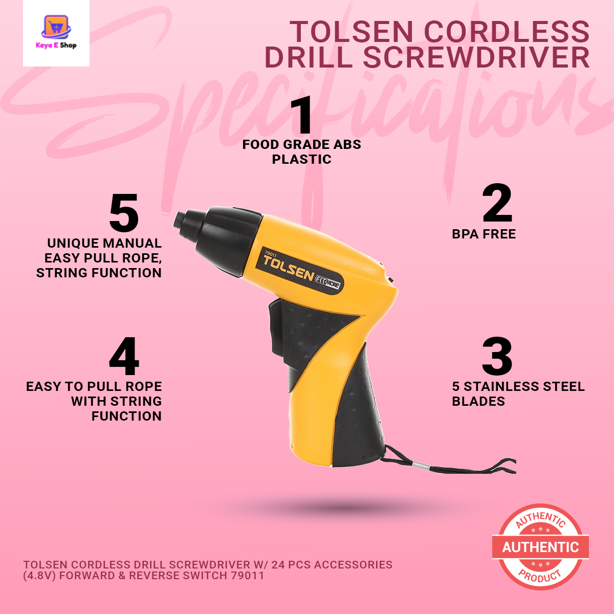 Picture of TOLSEN Cordless Drill Screwdriver w/ 24 pcs Accessories (4.8V) Forward & Reverse Switch 79011