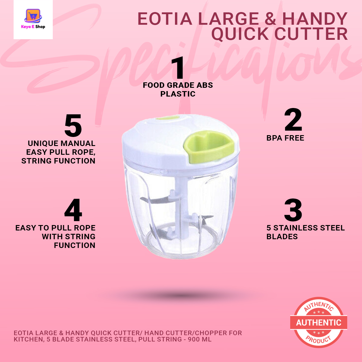 Picture of Eotia Large & Handy Quick Cutter/ Hand cutter/Chopper for Kitchen, 5 Blade Stainless Steel, Pull String - 900 ml