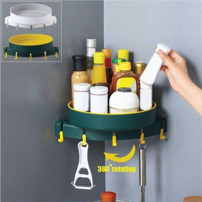 Picture of Bathroom Corner Shelves 360 Degree Rotating Corner Shelf For Bathroom Cosmetics Organizer Wall Mounted Rotating Corner Shelf Triangle Shelf Wall Mounted 360 Degree Rotating Bathroom Accessory Corner Bathroom Shower Shelf with Hanger