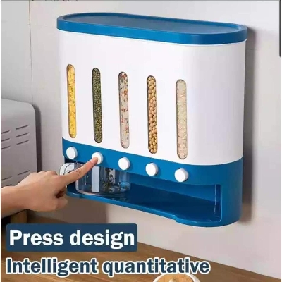 Picture of 6 in 1 Wall Mount Kitchen Spice Containers-Dry Food Dispenser-Rice And Grain Dispenser- Automatic Rack Sealed Food Storage Box Gri