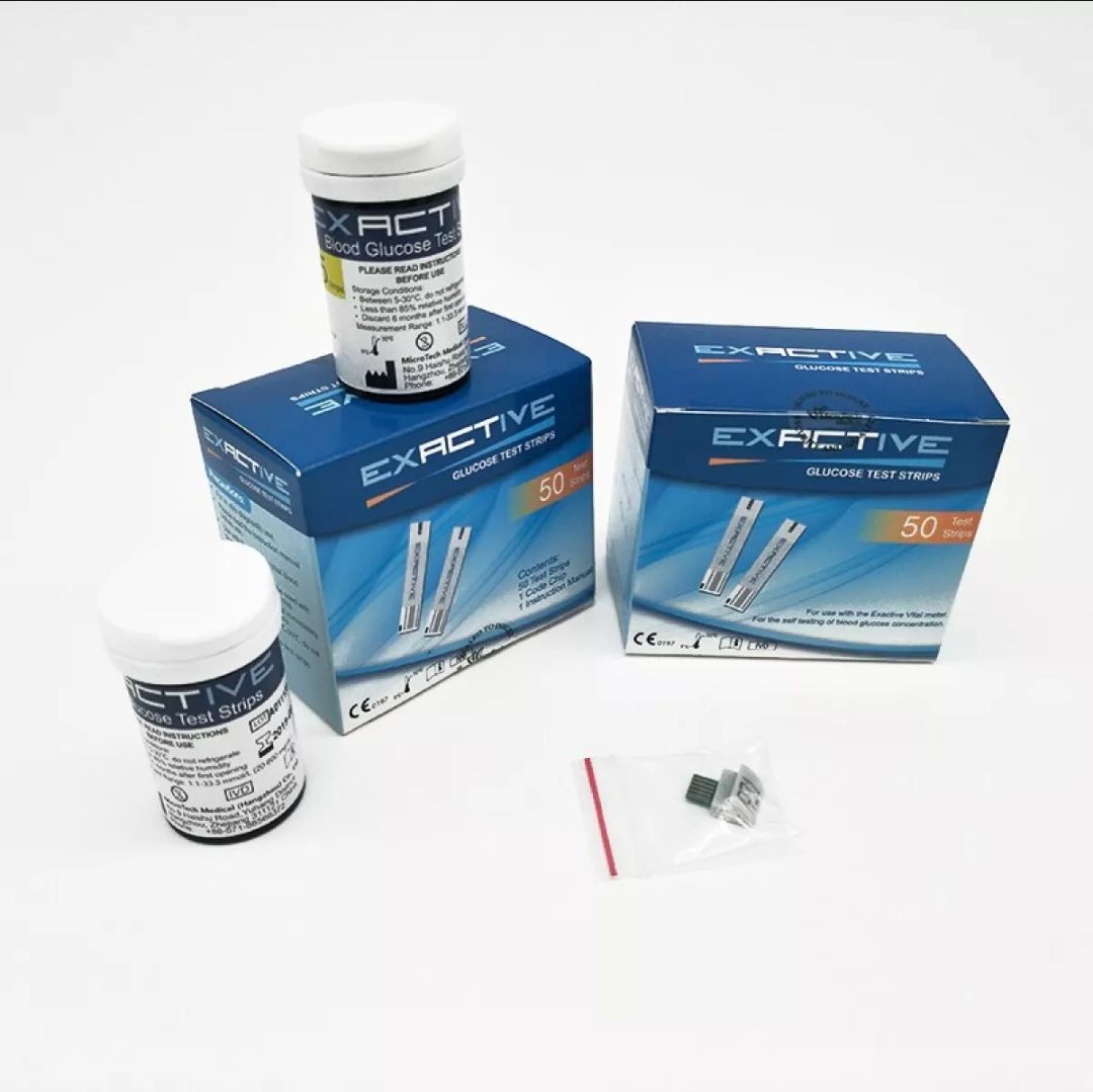 Picture of Exactive Vital 100 Pcs R&D USA (4 box x25 pcs) Test Strips +12 to 24 Months Expiry Time + 4 Pc Free Code Chips Glucose Suger Test Strips (Silver)