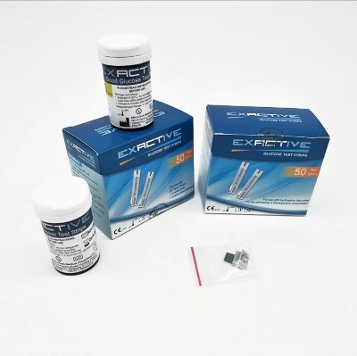 Picture of Exactive Vital 100 Pcs R&D USA (4 box x25 pcs) Test Strips +12 to 24 Months Expiry Time + 4 Pc Free Code Chips Glucose Suger Test Strips (Silver)