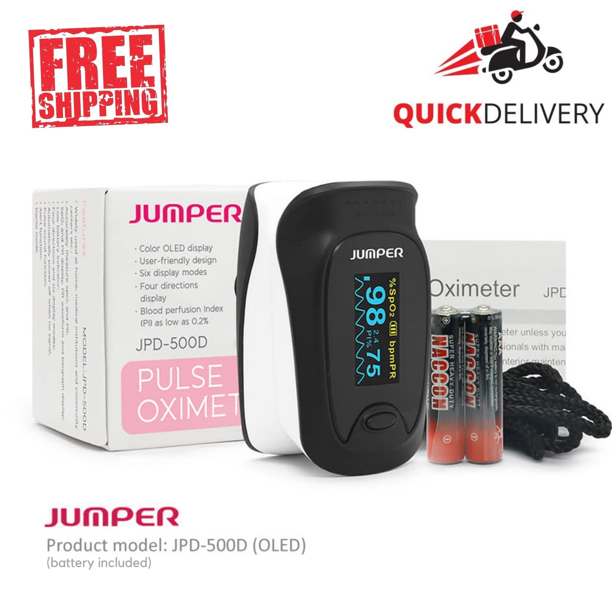 Picture of JUMPER Official JPD-500D OLED Fingertip Pulse Oximeter for SpO2, PR, PI Measurement | 2 Year full Replacement Warranty by HONESTIME (Black)