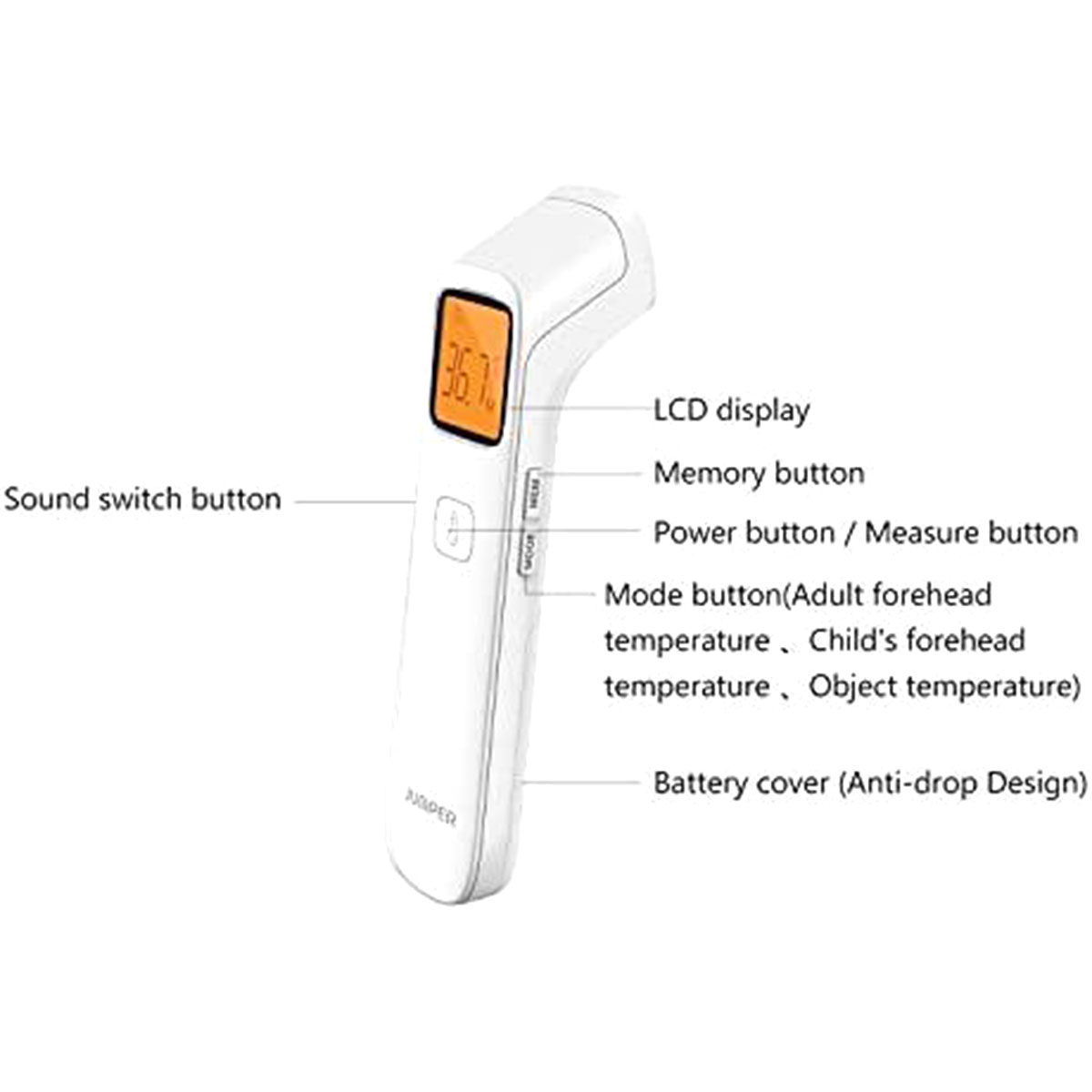 Picture of Jumper Premium Dual Mode JPD FR 203 Best Model Non Contact Infrared Thermometer 1 Year Full Replacement Warranty Forehead Adult, Baby and for any thing object (White)