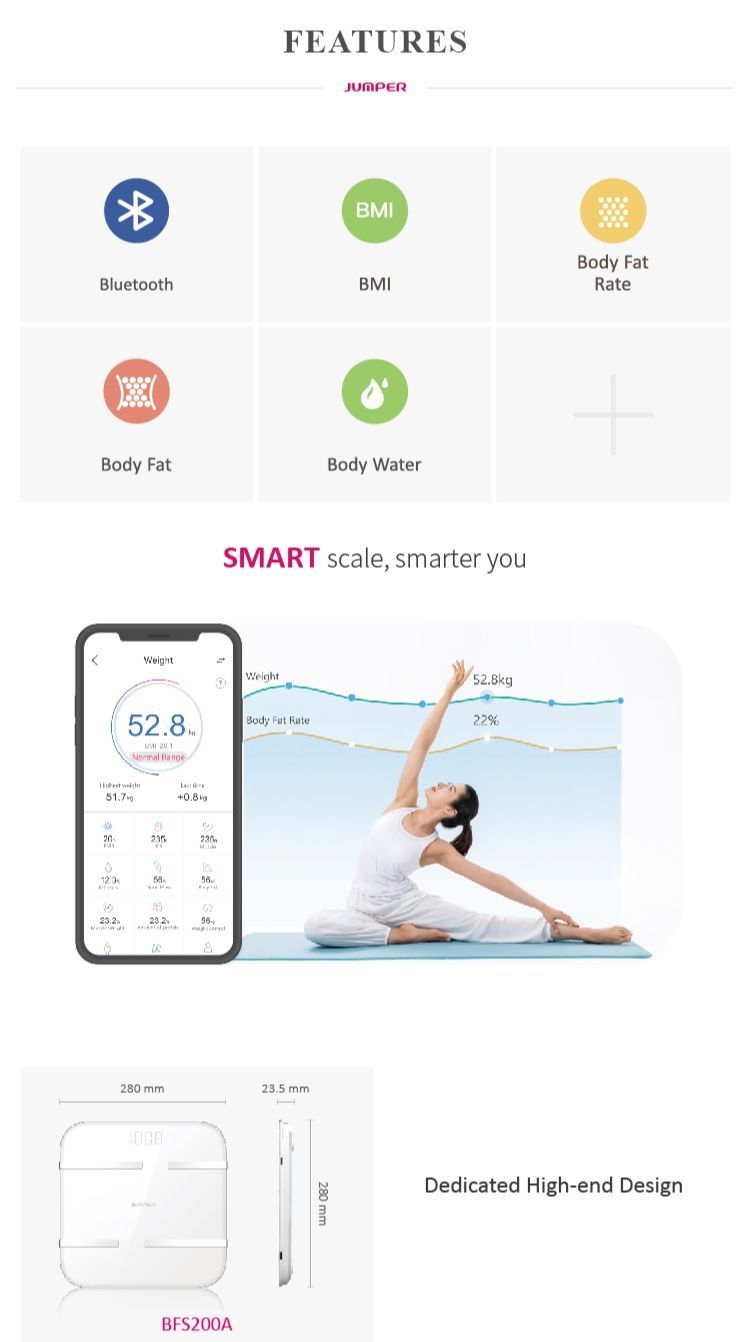 Picture of JUMPER Official JPD BS-200 High Precision Double Tempered Glass Digital Body Weight Scale Device | 1 Year full Replacement Warranty by HONESTIME 