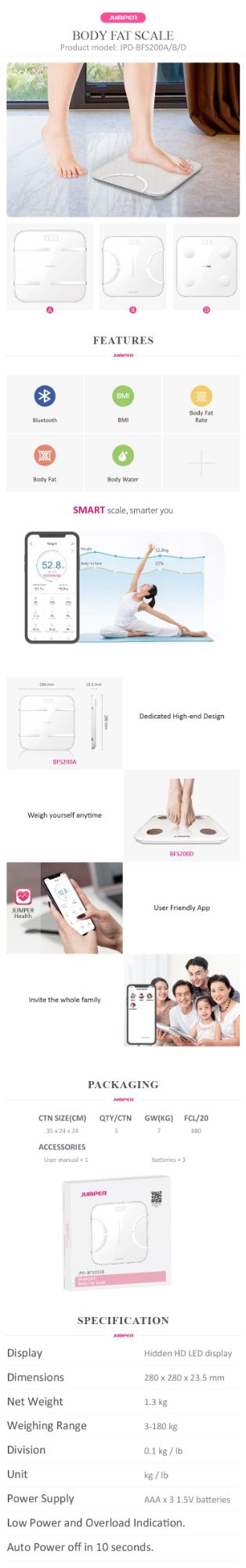 Picture of JUMPER Official JPD BS-200 High Precision Double Tempered Glass Digital Body Weight Scale Device | 1 Year full Replacement Warranty by HONESTIME 