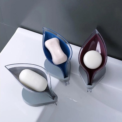 Picture of Leaf-shaped Soap Dish Creative Soap Box with Suction Base Plastic Soap Holder Soap Dish Draining Soap Box Soap Case for Bathroom Kitchen Easy Cleaning Soap Holders Soap Saver
