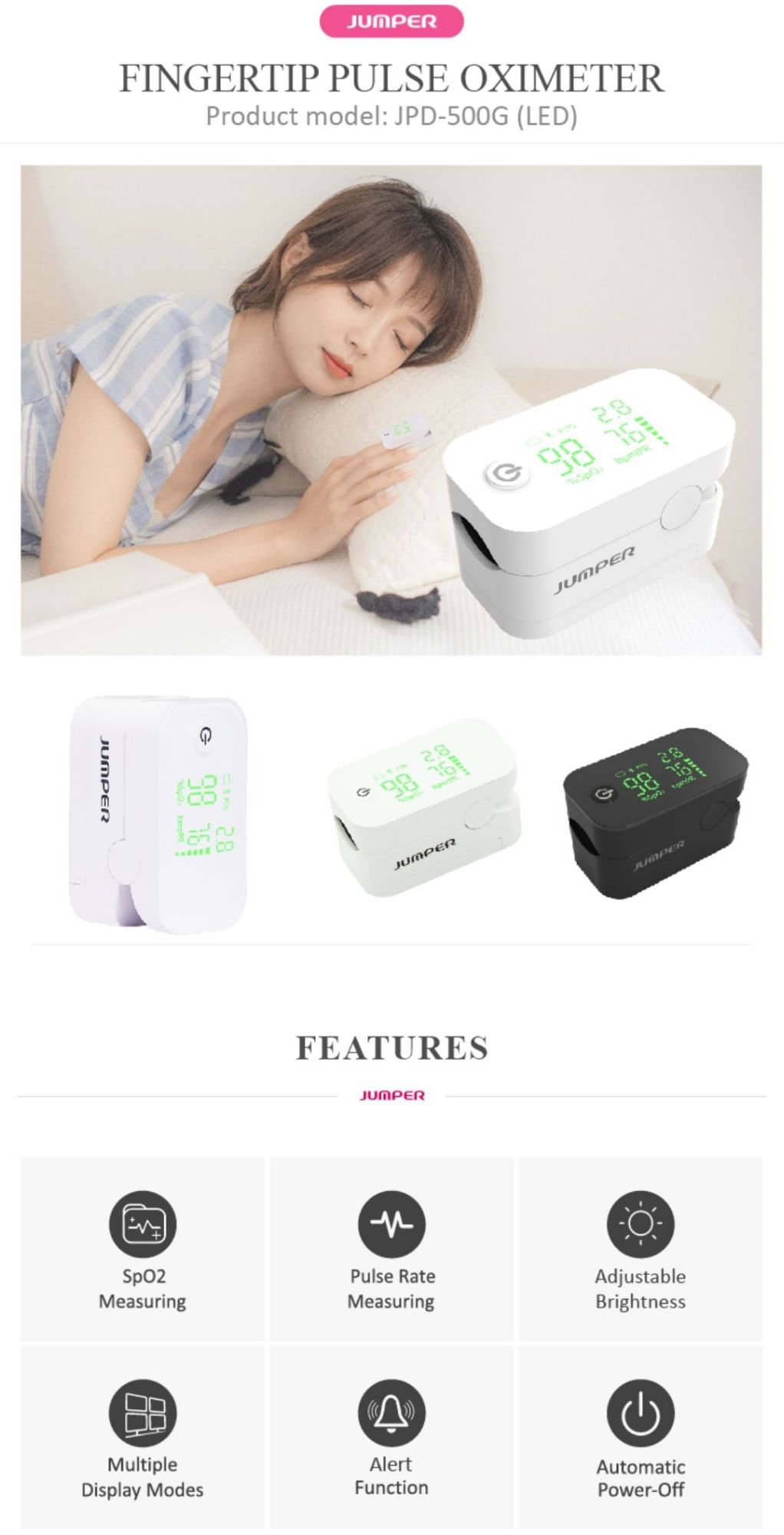 Picture of Jumper Latest LED Display Finger Tip Pulse Oximeter for SpO2/PR- 500G  1 Year full Replacement Warranty by Honestime (Black)