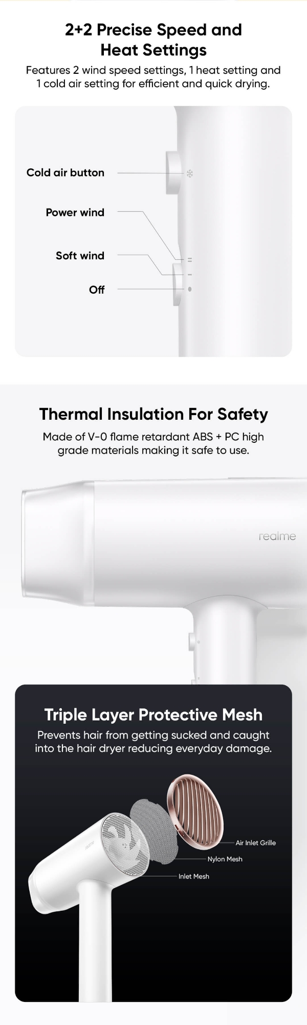 Picture of World's Smartest Realme Hair Dryer Hair Negative Ion provider Cool and Hot Air, Smart Controller,  Safe 1400W  With Official Warranty by Honestime (White)