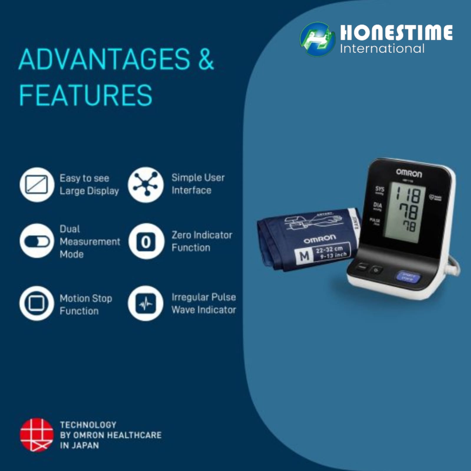 Picture of Japan Tech OMRON HBP-1120  Upper Arm Blood Pressure Monitor | 5 Year Brand Warranty by Omron/Honestime (Wither Black,M (8.7 - 12.5 inch))