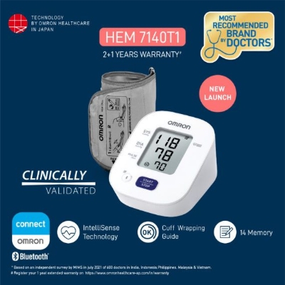Picture of Omron Bluetooth Digital HEM 7140T1 Blood Pressure Monitor with Cuff Wrapping Guide, Hypertension Indicator & Intellisense Technology For Most Accurate Measurement 