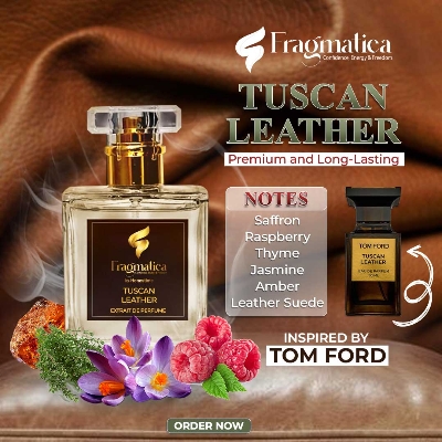 Picture of Fragmtica's Tuscan Leather , For Strong Personality Alpha Man an exceptional fragrance inspired by Tom Ford’s. It is a bold and luxurious scent that embodies power, sophistication, and confidence. With the warmth of leather.,spices and oud (50ml)