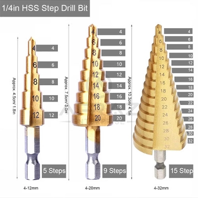 Picture of 3PCS HSS Step Bits, High Speed Steel Step Drill Bits Set - (4-12mm, 4-20mm and 4-32 mm) Cone Drill Bits Hole Cutter for Wood, Stainless Steel - Gold
