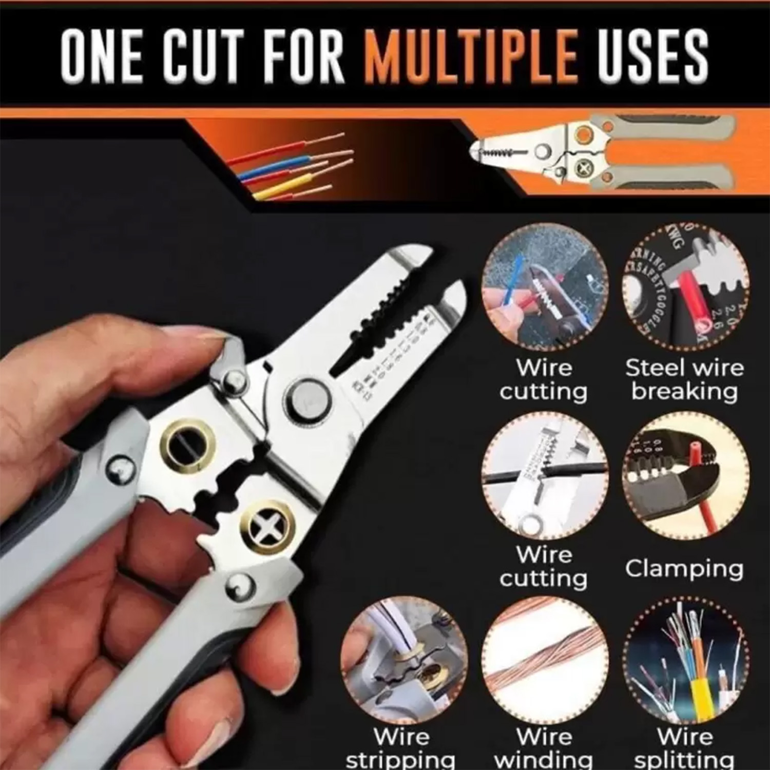 Picture of Wire Stripper And Crimping Tool for Electrician, Multifunction Stainless Steel Wire Puller Plier, 6 In 1 Cable Looping, Splitting, Cutting Pliers Electrical Stripping Tool
