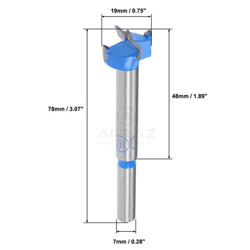 Picture of Carbide Hinge Boring Forstner Drill Bit, 19mm Diameter, 7mm Shank - Blue