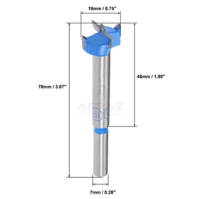 Picture of Carbide Hinge Boring Forstner Drill Bit, 19mm Diameter, 7mm Shank - Blue