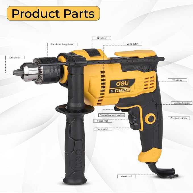 Picture of Deli DL-CZ13-E5 650W Electric Impact Drill Machine for Wood Metal & Masonry - Yellow