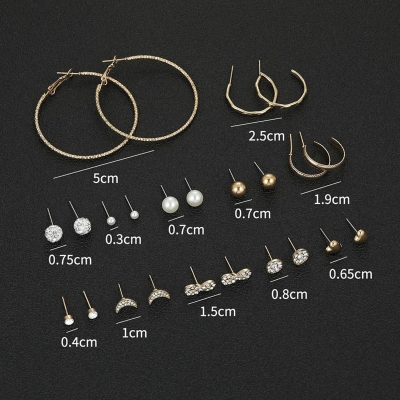 Picture of 12 Pair/Set Korean Square Zircon Stud Earrings Rhinestone Set Earrings Crystal Geometric Beans Ear Jewelry