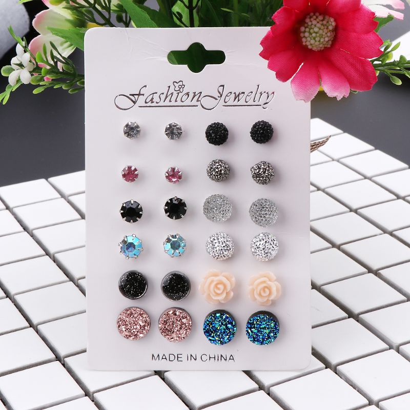 Picture of 12 pairs Ear ring set Crystal 2019 New Fashion Earrings Set Women Jewelry Accessories Piercing Ball Stud Earring Set