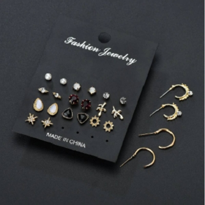 Picture of 12Pair/Set Mix Design Crystal Star Leaves Stud Earrings For Women Vintage Small Imitation Pearl Earrings Set Jewelry Bijoux Gift