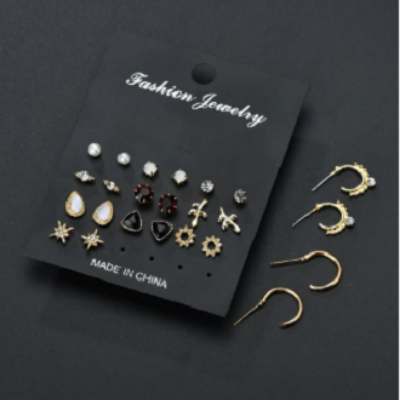 Picture of 12Pair/Set Mix Design Crystal Star Leaves Stud Earrings For Women Vintage Small Imitation Pearl Earrings Set Jewelry Bijoux Gift
