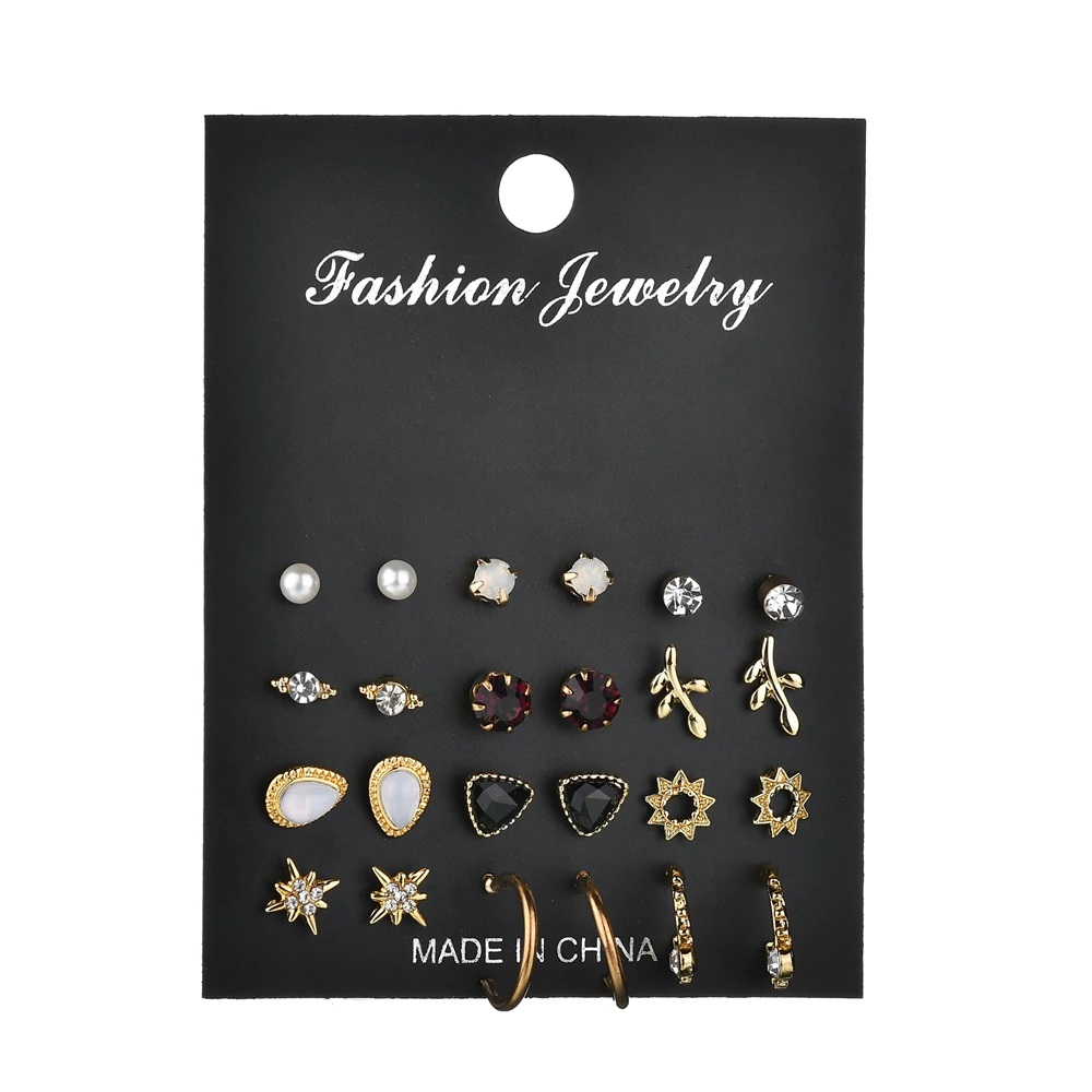 Picture of 12Pair/Set Mix Design Crystal Star Leaves Stud Earrings For Women Vintage Small Imitation Pearl Earrings Set Jewelry Bijoux Gift