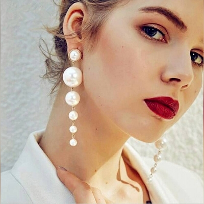 Picture of Simple Artificial Pearl Long Earrings for Women Fashion Jewelry