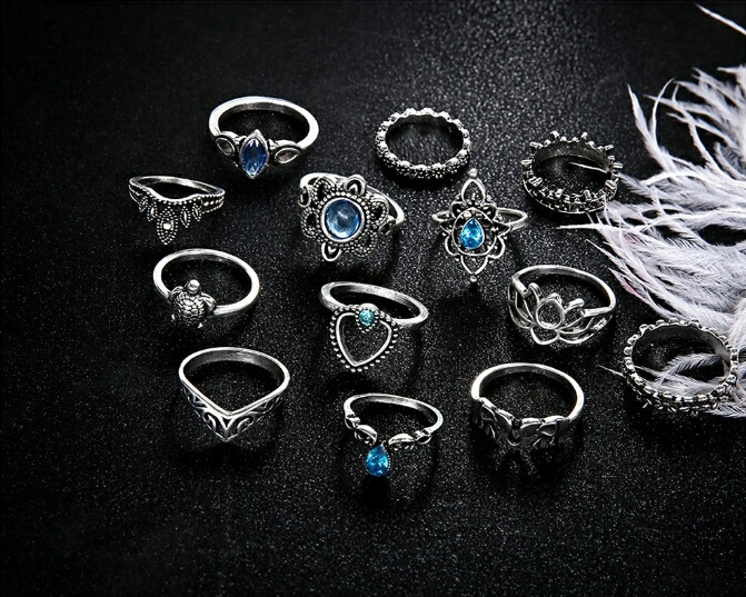 Picture of 13PCS/Set Vintage Crystal Rings Sets Geometric Bohemian Midi Finger Rings for Women's Fashion