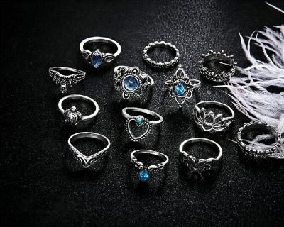 Picture of 13PCS/Set Vintage Crystal Rings Sets Geometric Bohemian Midi Finger Rings for Women's Fashion