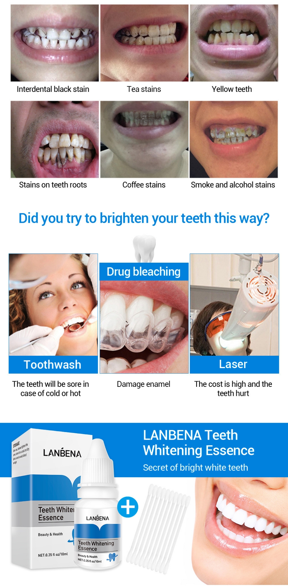 Picture of LANBENA tooth cleanser with 10 cotton swabs- Clean teeth 25ml