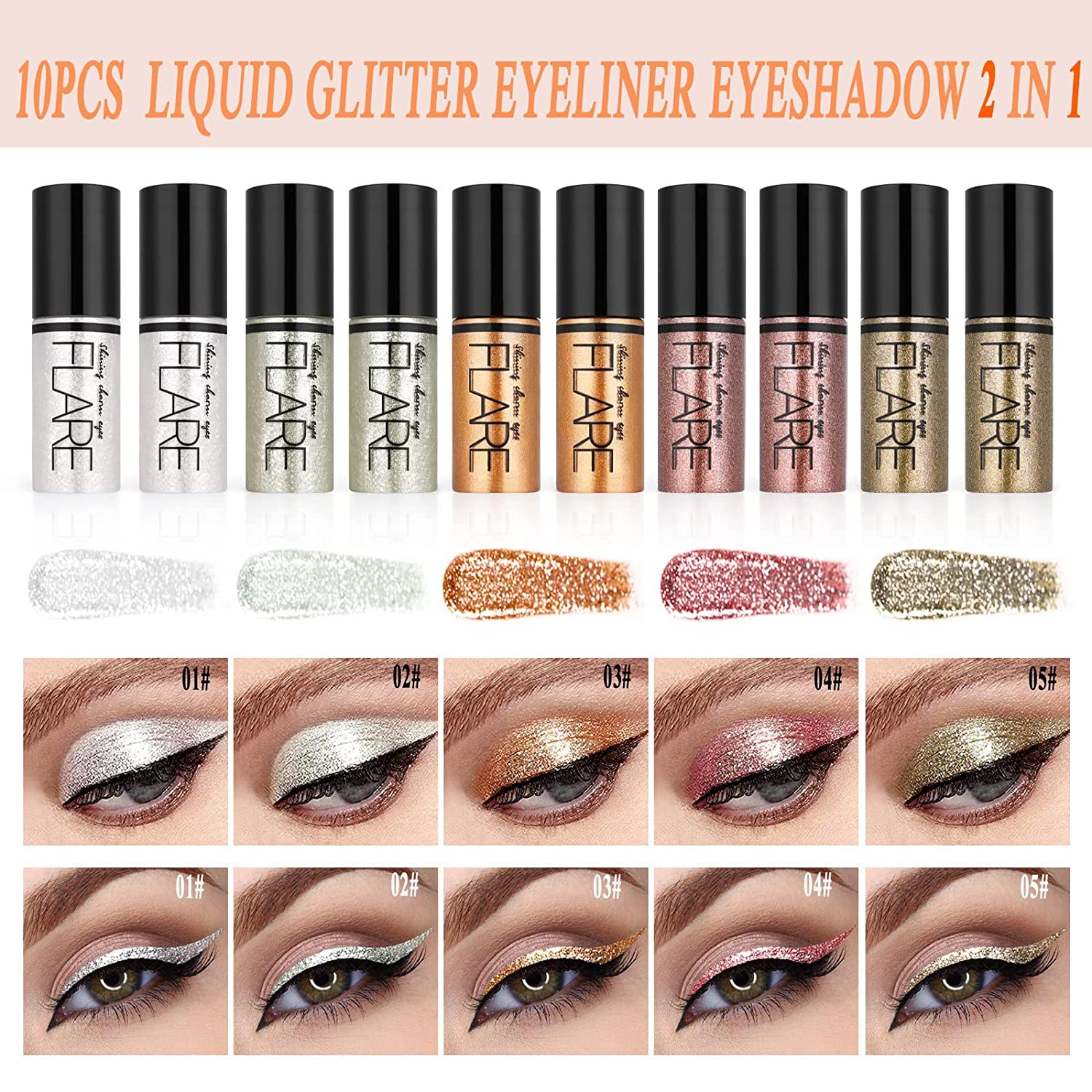 Picture of FLARE মেকাপ কম্বো সেট10 Pcs/Set Liquid Glitter Eyeshadow Palette- 10 Colors