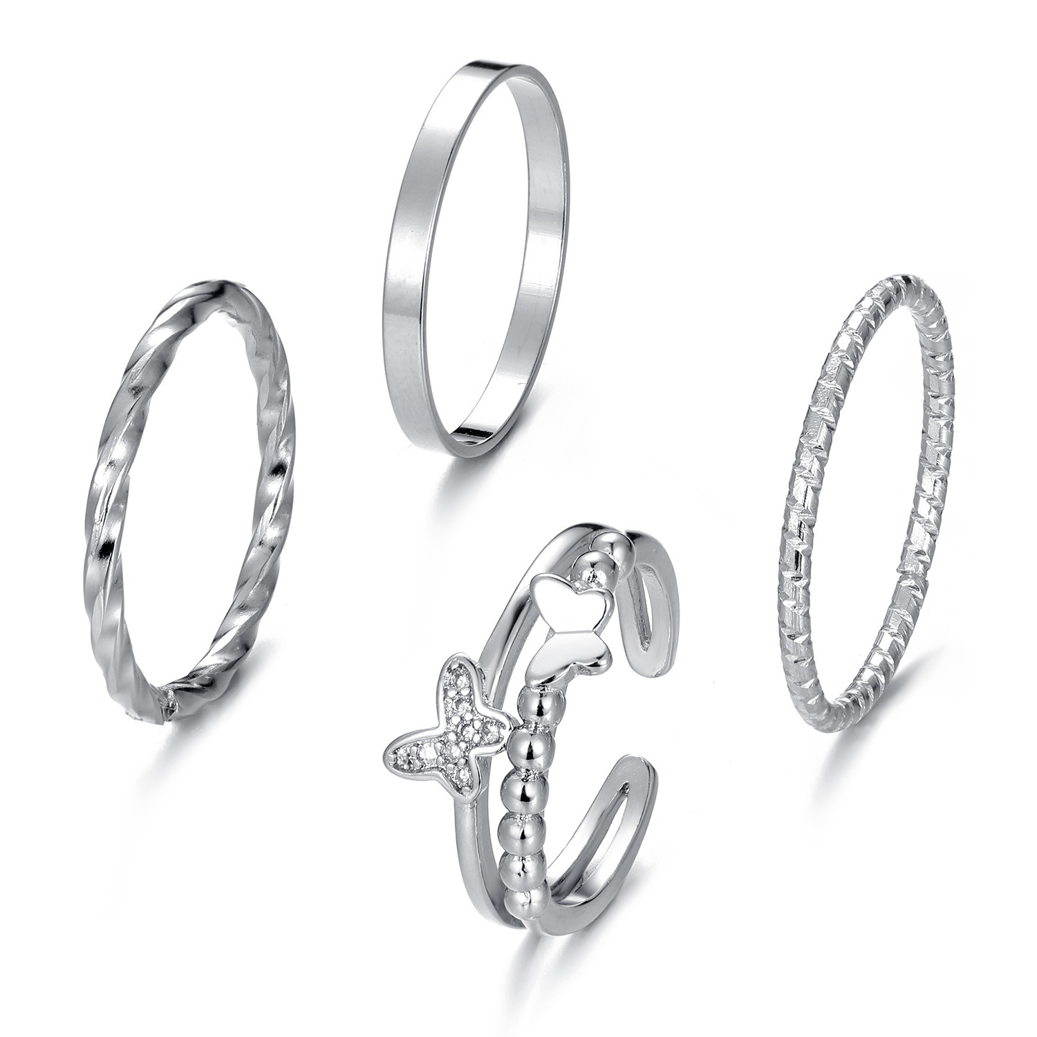 Picture of 4 Pcs/Set Fairy Butterfly Alloy Adjustable Finger Ring For Women