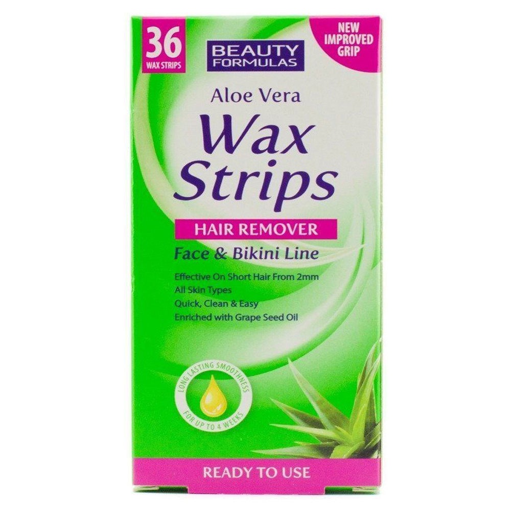Picture of Beauty Formulas Hair Removal Aloe Vera Wax Stripes- Face & Bikini Line 36 Wax Strips