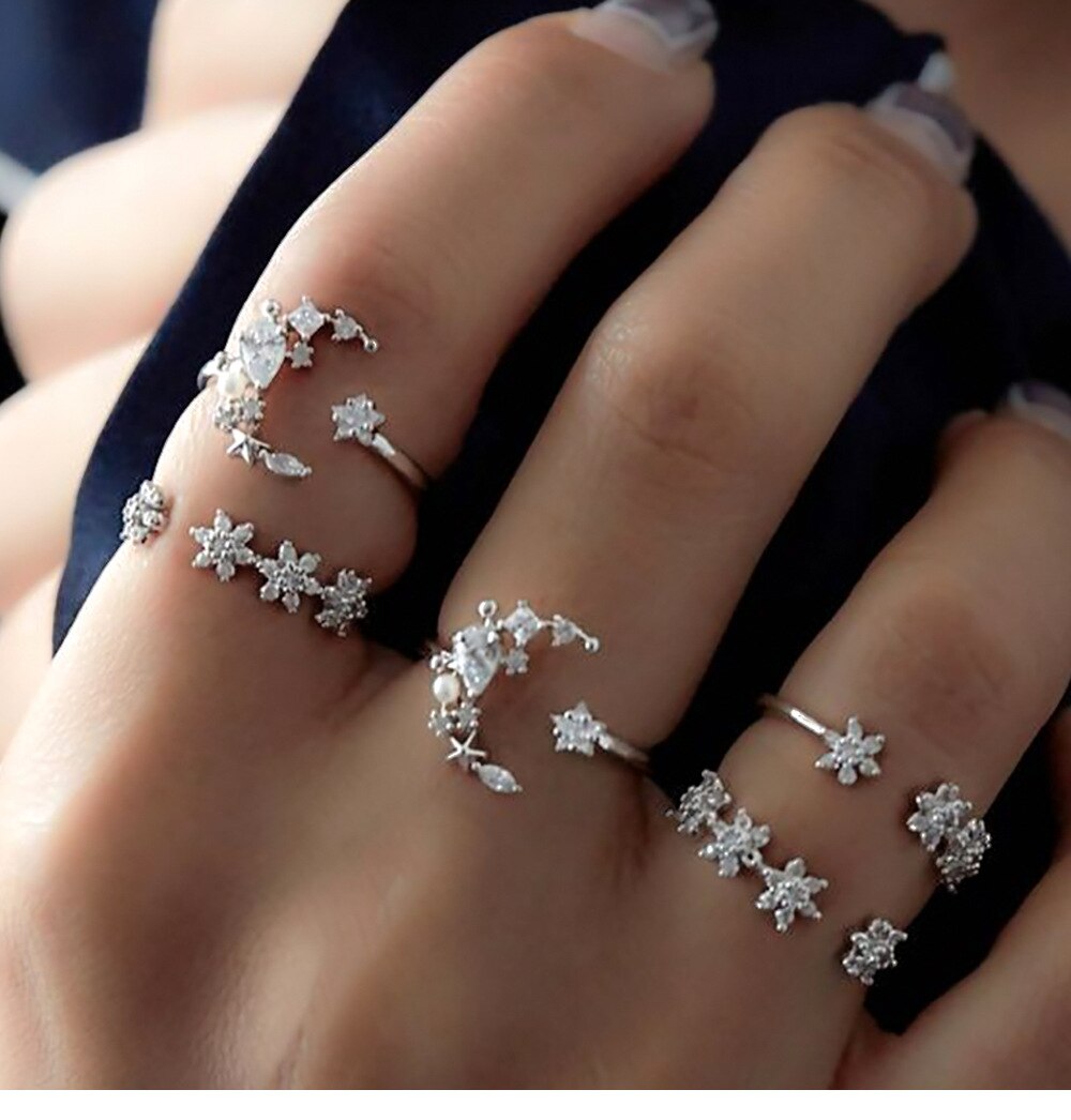 Picture of 5 Pcs/Set Delicate Star Moon Crystal Ring Set For Women - Ring For Girls(Silver)