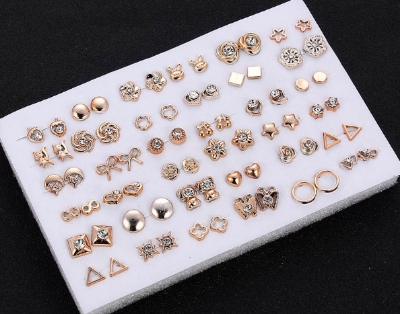 Picture of 36Pairs Earrings Mixed Styles Rhinestone Sun Flower Geometric Animal Plastic Stud Earrings Set For Women Girls Jewelry(Gold)