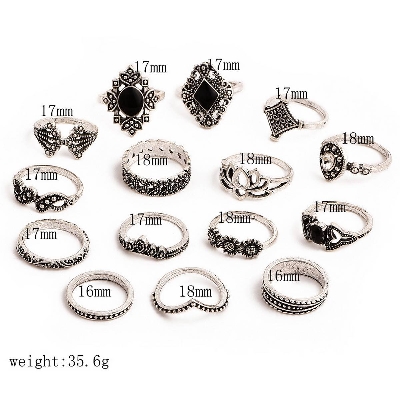 Picture of 15 Pcs/Set Bohemian Retro Flower Leaves Hollow Lotus Finger Ring Set Women Wedding Anniversary Gift - Ring S(Silver)